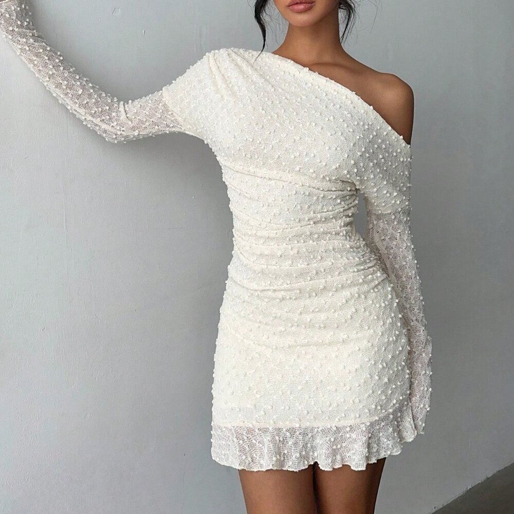 Apricot Elegant Women's Sexy Shoulder Long Sleeve Mini Bodycon Dress - Picture 7 of 7